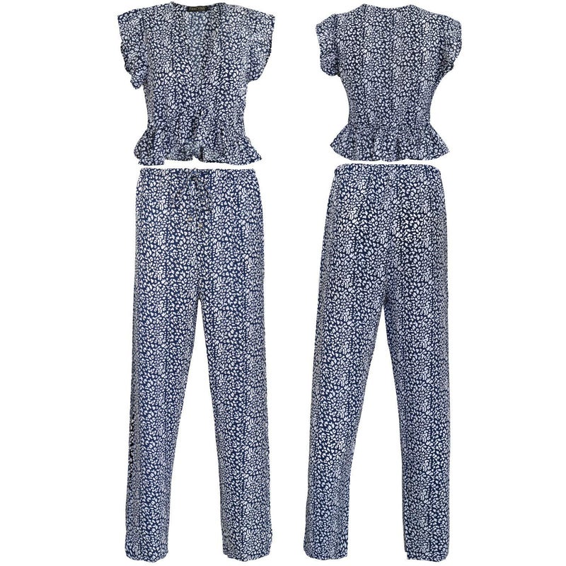 FANCYINN Womens Floral 2 Pieces Outfits Ruffle Deep V Neck Crop Top Side Slit Drawstring Wide Leg Pants Set Jumpsuits XL - Image 4